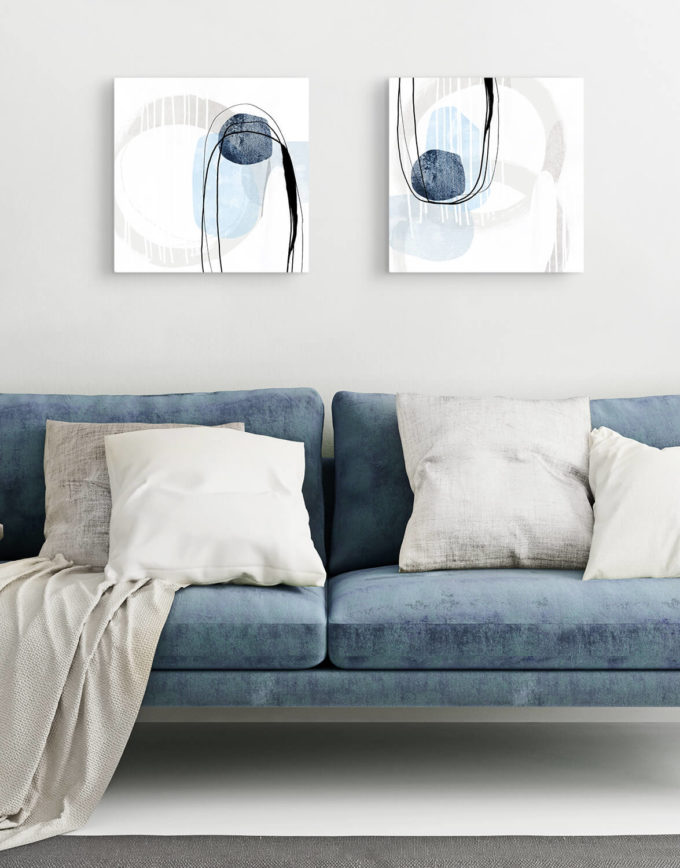 Set of Two Canvases 'Shades of Blue' - Silver Wall Art, Contemporary Art UK